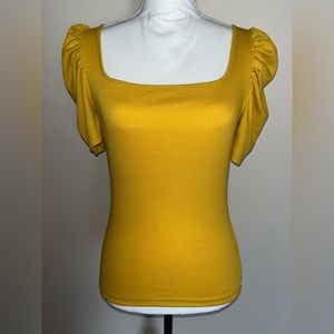 Super Cute Mustard Yellow Ribbed Top with Puffy Sleeves Size Small
